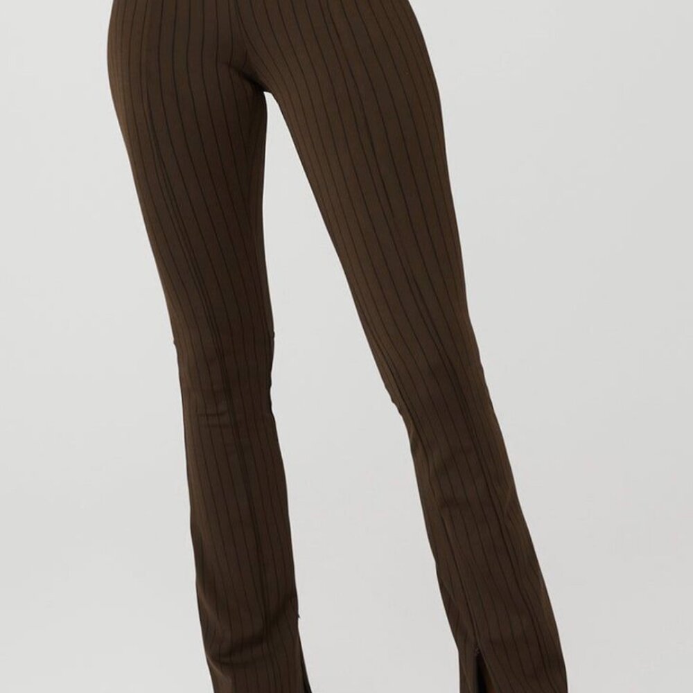ALO High Waist Pinstripe Zip It Flare Legging Brown/Black Size Small